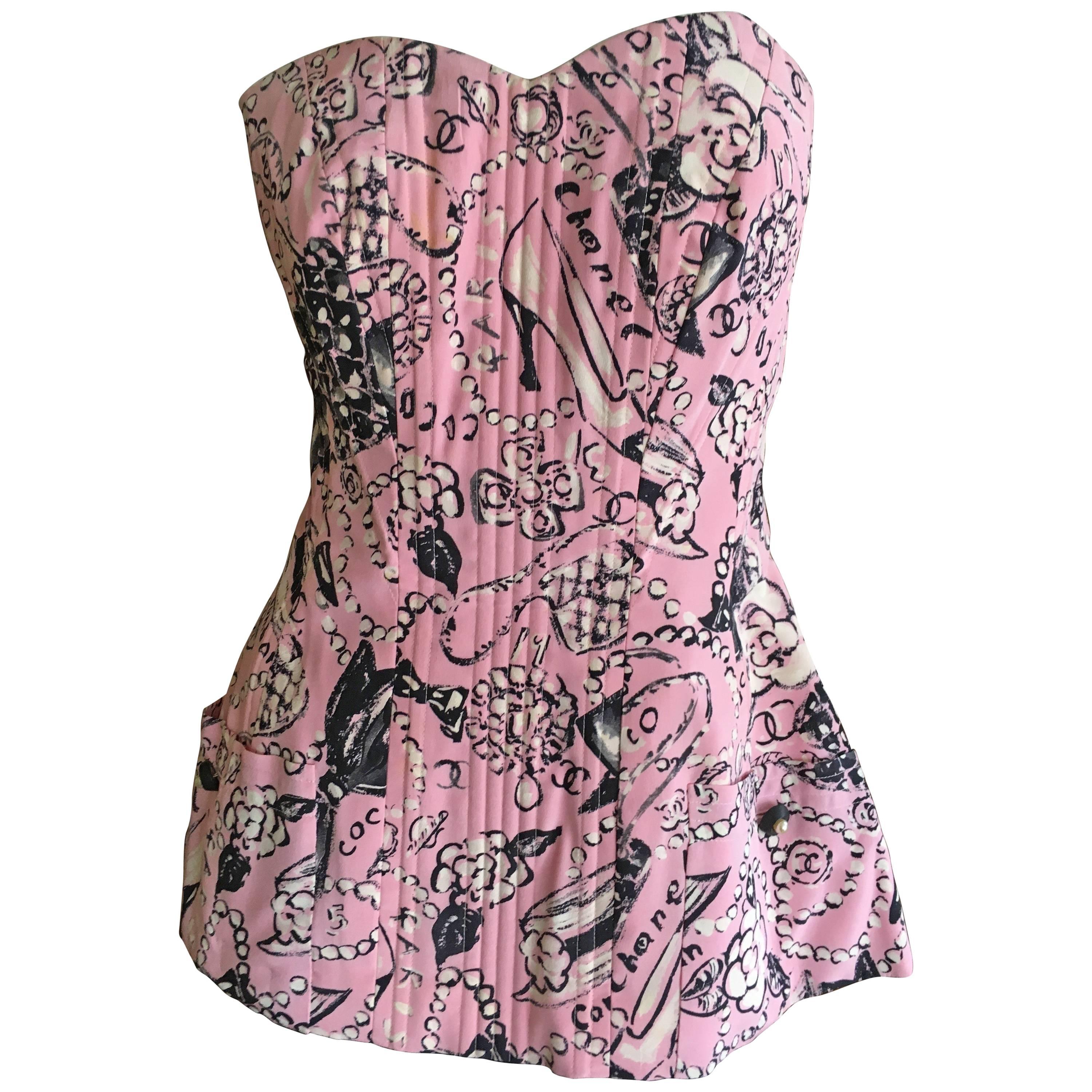 Chanel Vintage Bustier with Karl Lagerfeld Coco Sketch Print Silk Spring 1993 For Sale