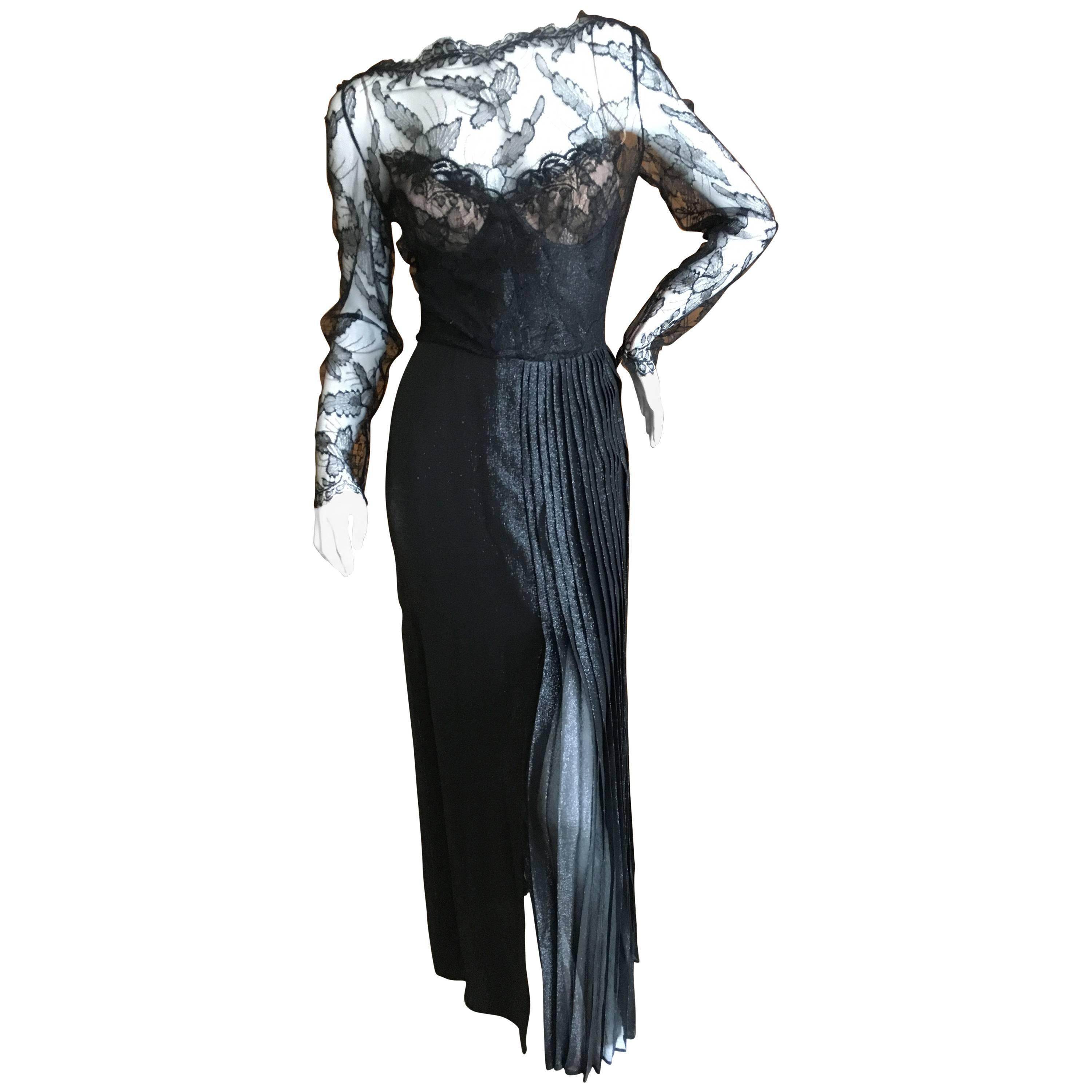 Galanos Black Lace Evening Dress with Pleated Skirt For Sale