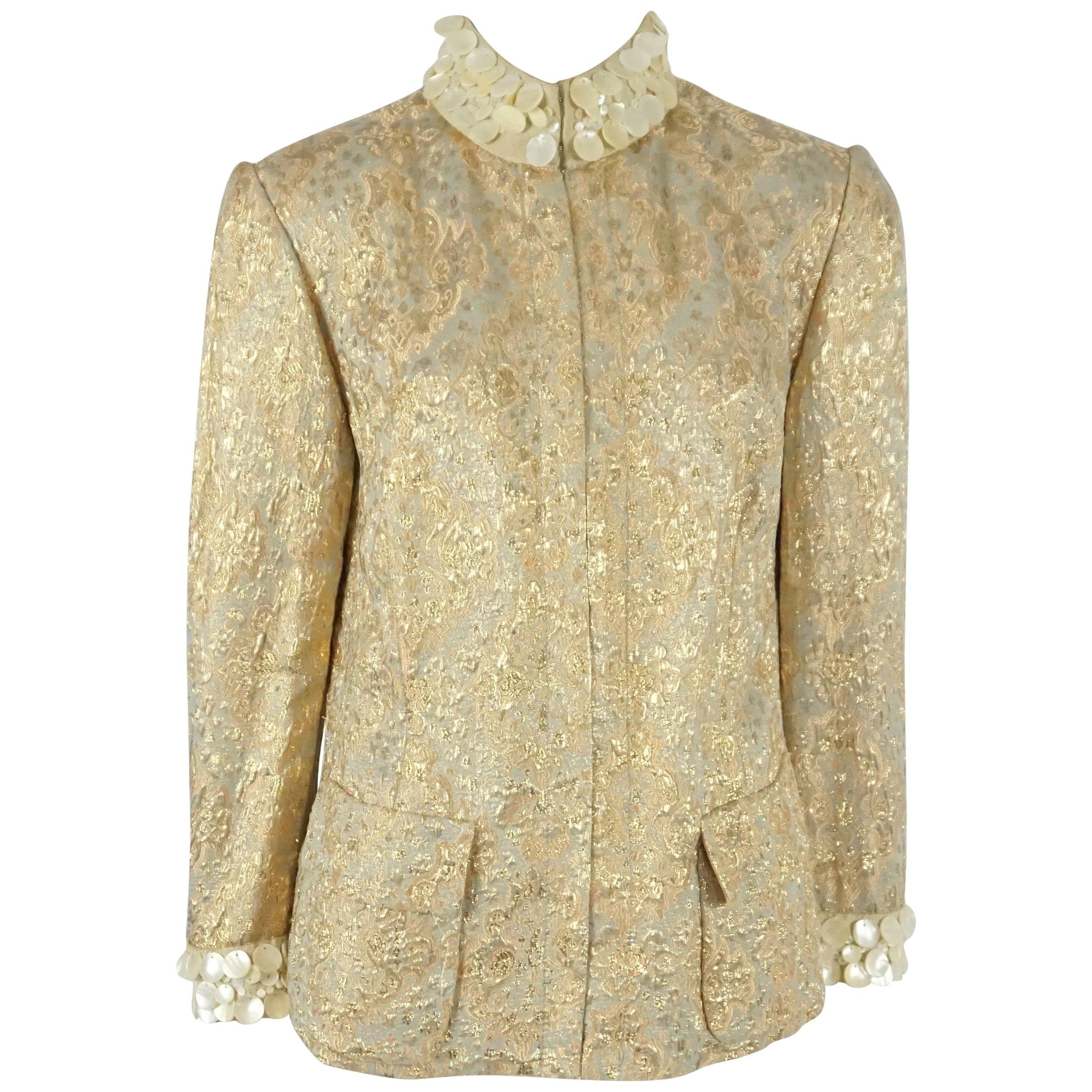 Dolce & Gabanna Silk Gold Brocade Jacket with mother of pearl trim - 44