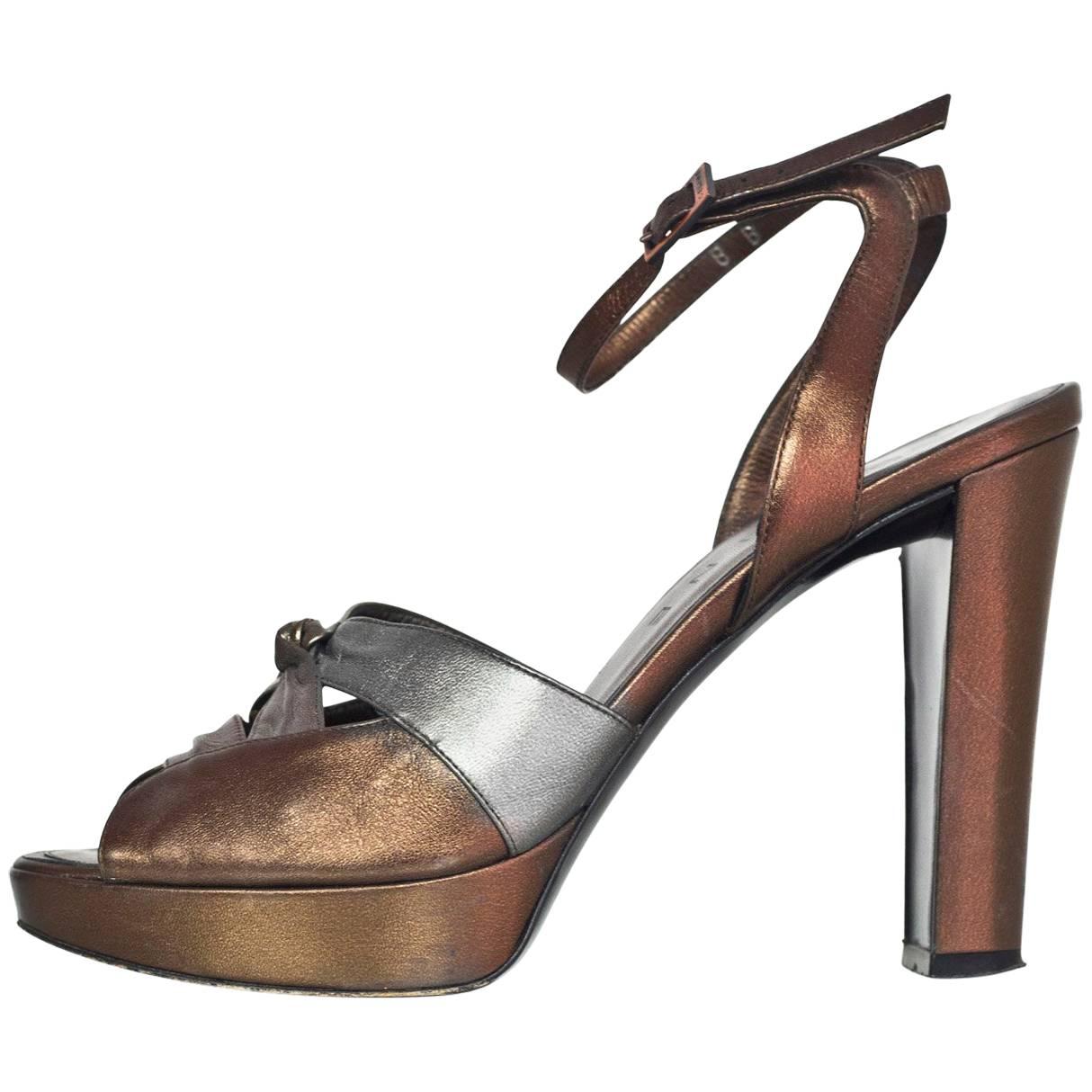 Celine Bronze & Pewter Leather Platform Pumps Sz 38