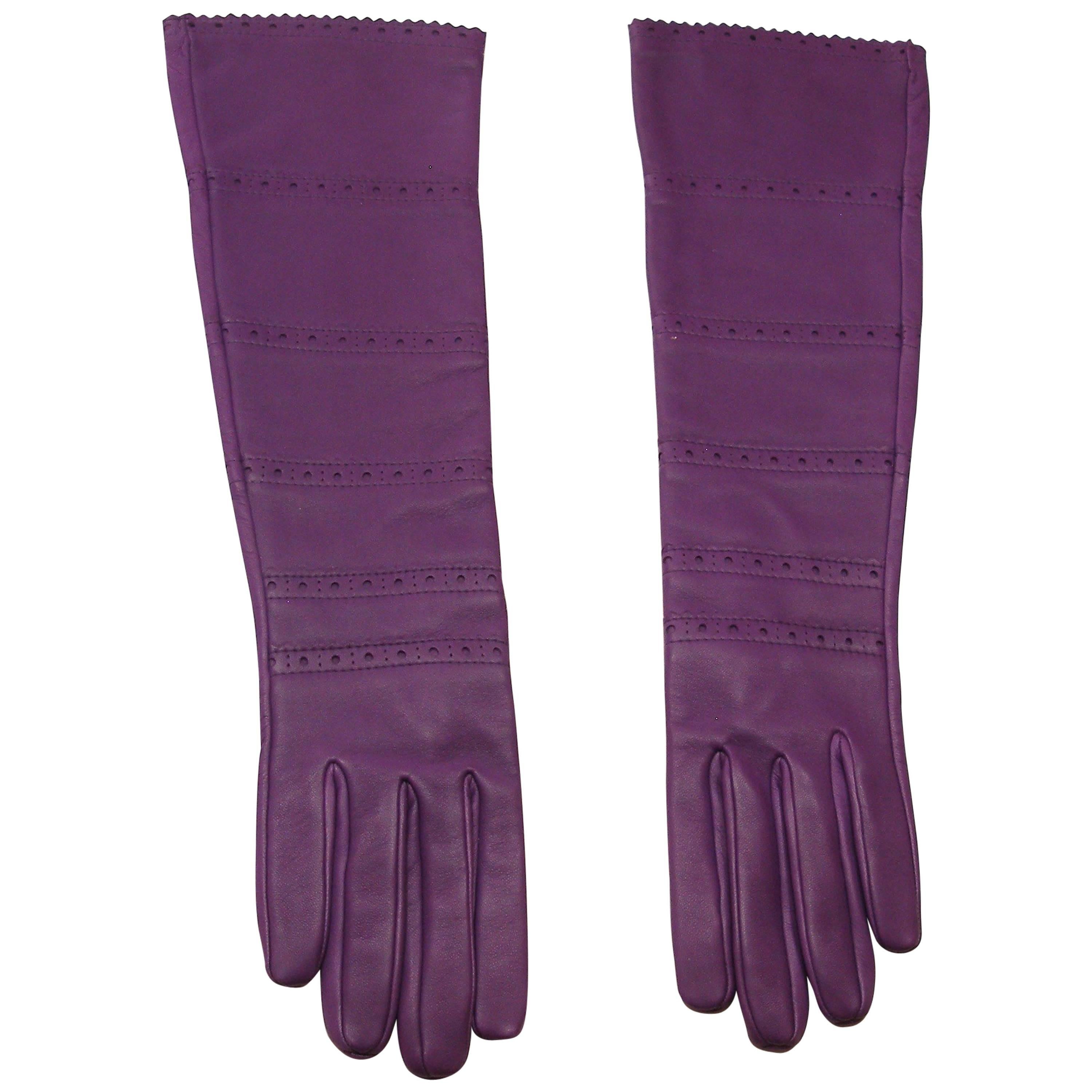 HERMES Ultra Purple leather Long Gloves Size 7.5  / BRAND NEW For Sale