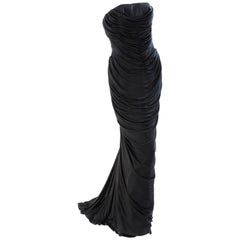 Versace Couture Black Silk Evening Gown Grecian Drape Corset with Train Sz 42