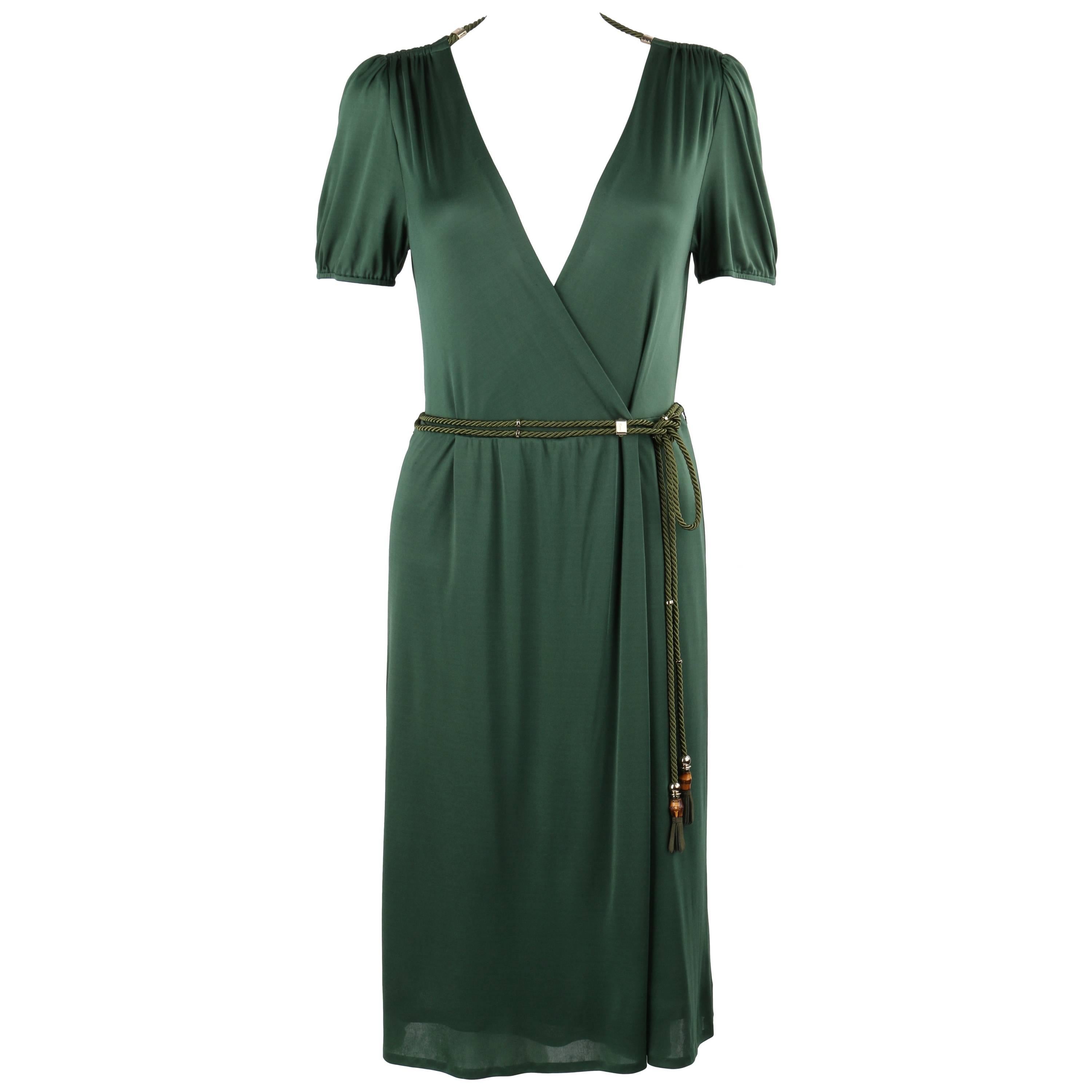 GUCCI Resort 2007 Forest Green Jersey Knit Wrap Cocktail Dress + Rope Belt NWT