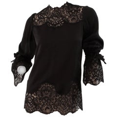 Vintage Rare Tiziani Roma Black Silk Blouse with Lace Bell Sleeves Haute Couture 1960s 8