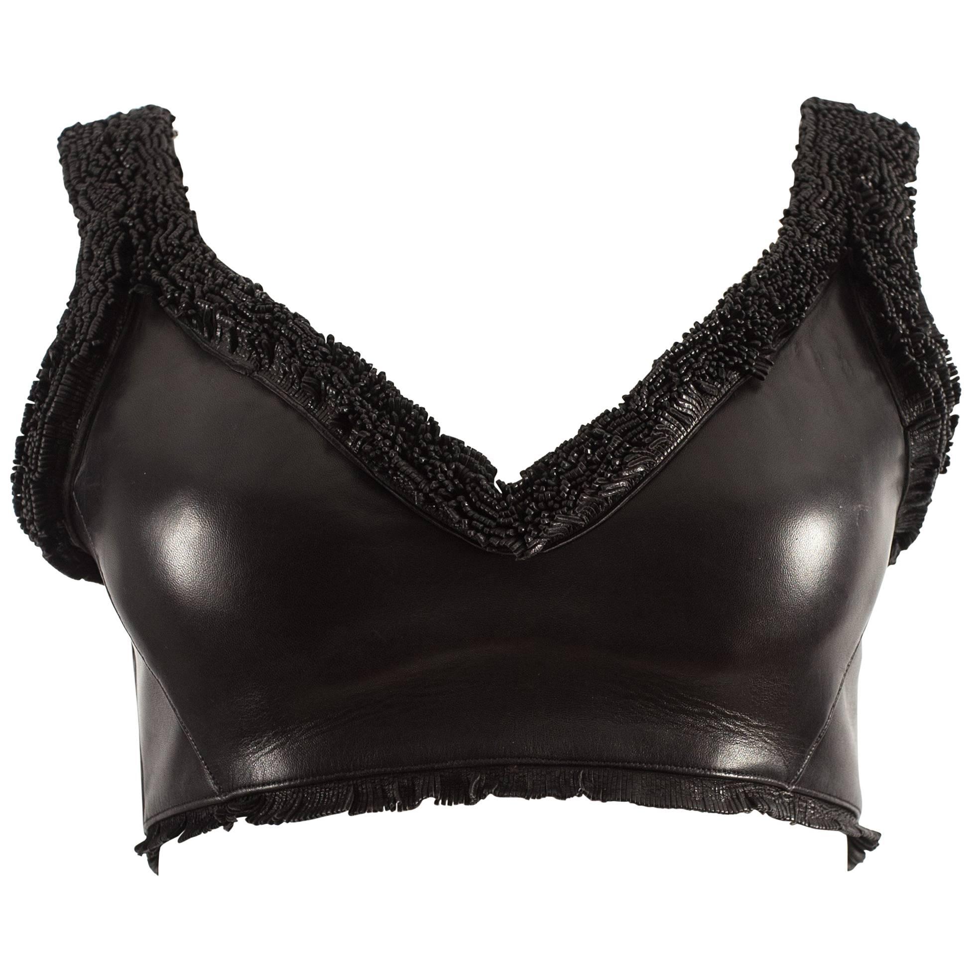 Alaia 1994 black leather bra with fringing  For Sale