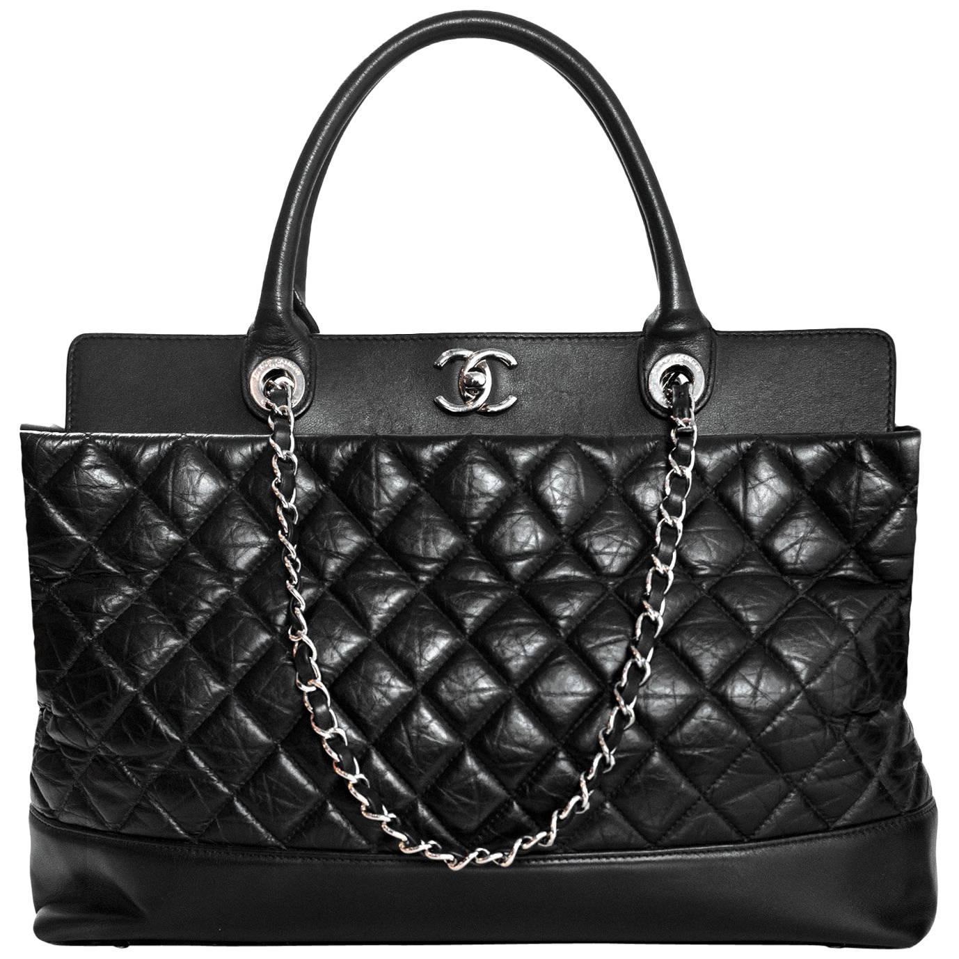 Chanel Black Aged Calfskin Leather Quilted Be CC Double Handle