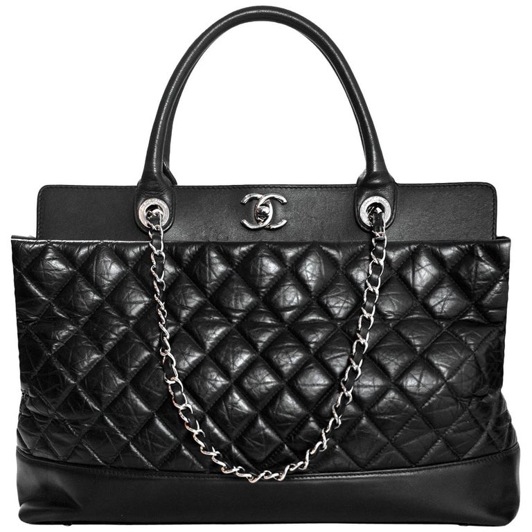 Chanel Black Aged Calfskin Leather Quilted Be CC Double Handle Tote Bag ...