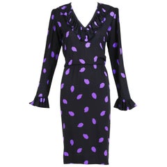 Yves Saint Laurent Black & Purple Abstract Print Day Dress w/Ruffled Trim
