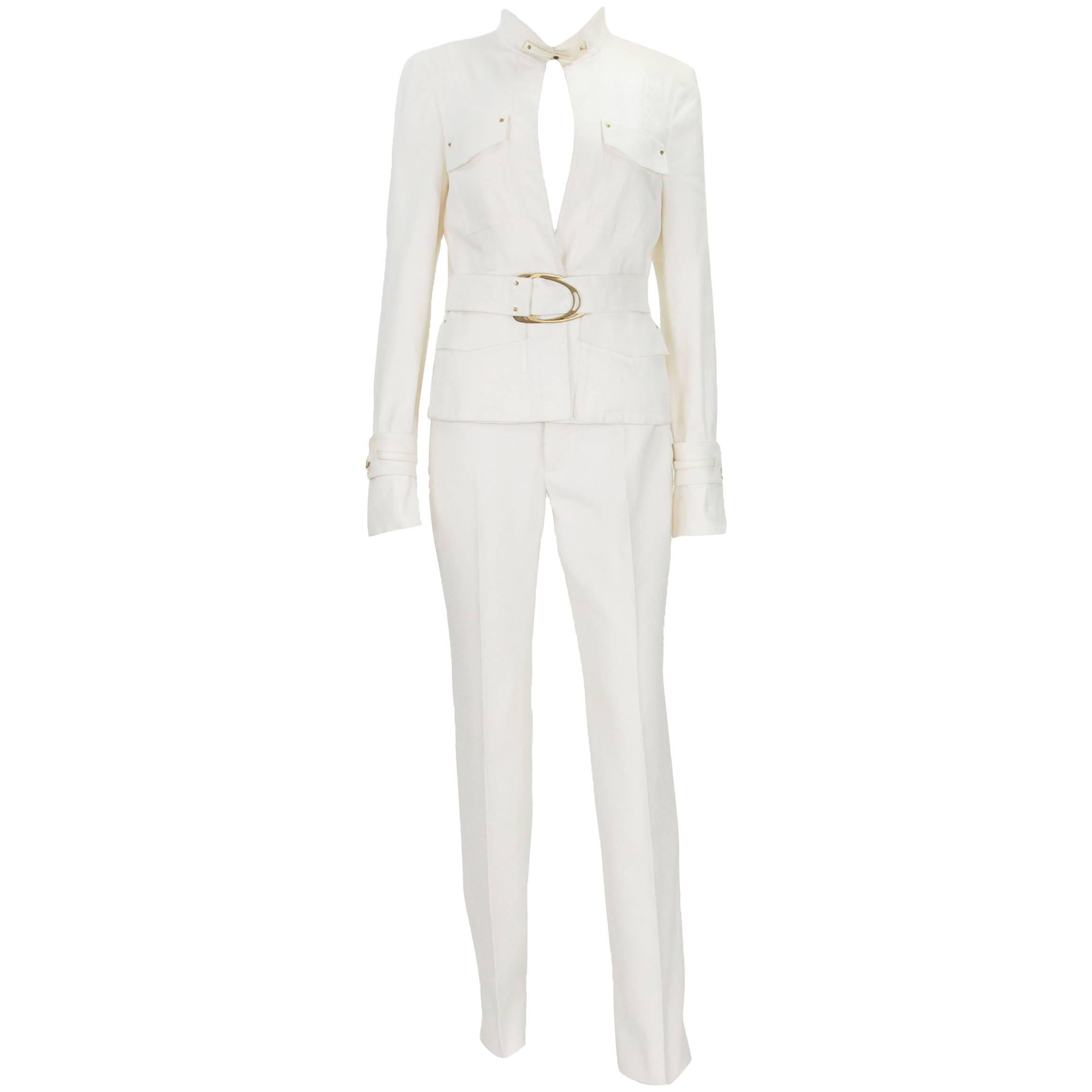 Tom Ford for Gucci 2003 Collection Safari White Cotton Belted Pant Suit 44