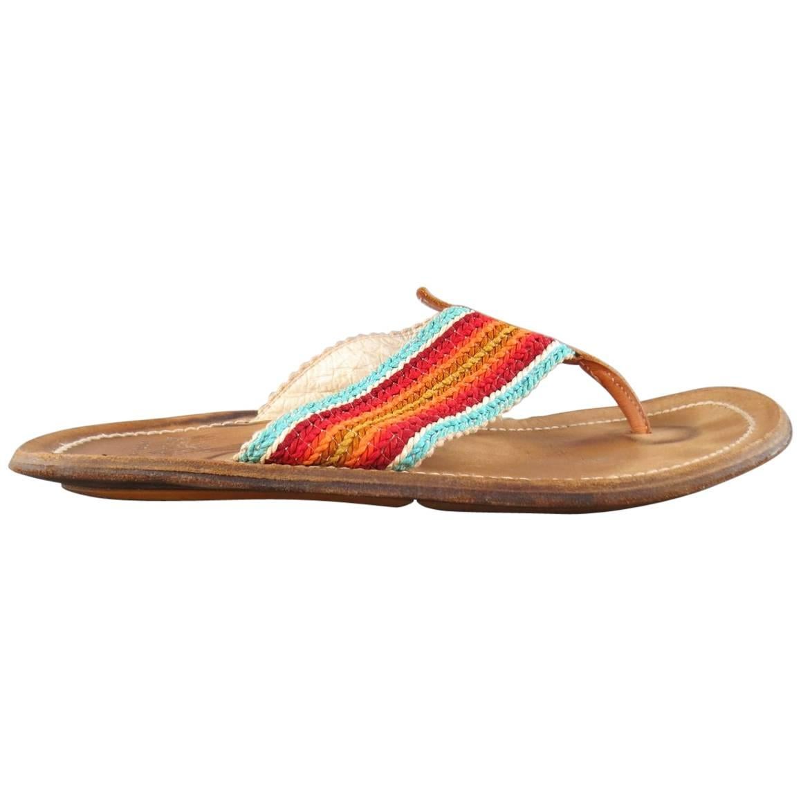 Men's DSQUARED2 Size 8 Tan Multi-Color Woven Strap Leather Thong Sandals