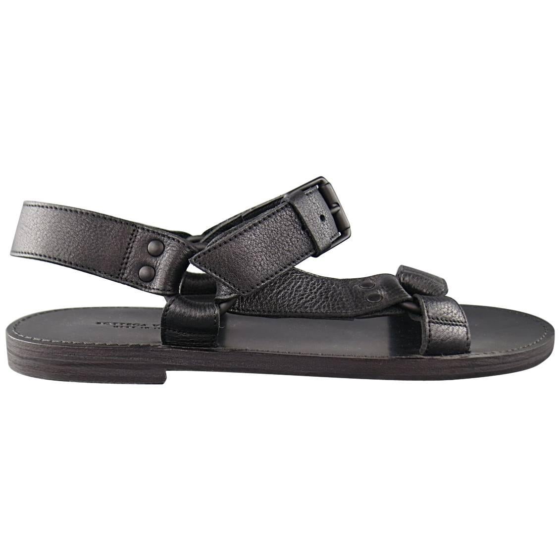 Men's BOTTEGA VENETA Size 9 Black Textured Leather Ankle Strap Sandals