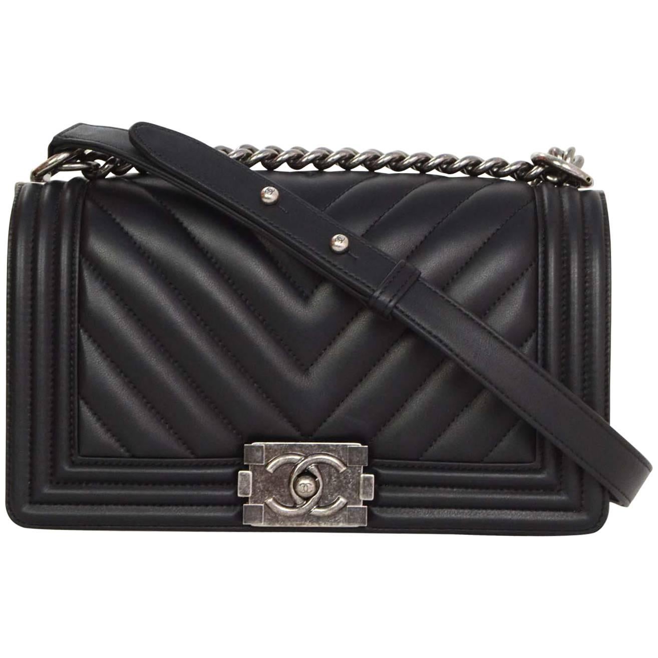 Chanel '16 Black Chevron Quilted Lambskin Leather Old Medium Boy Bag