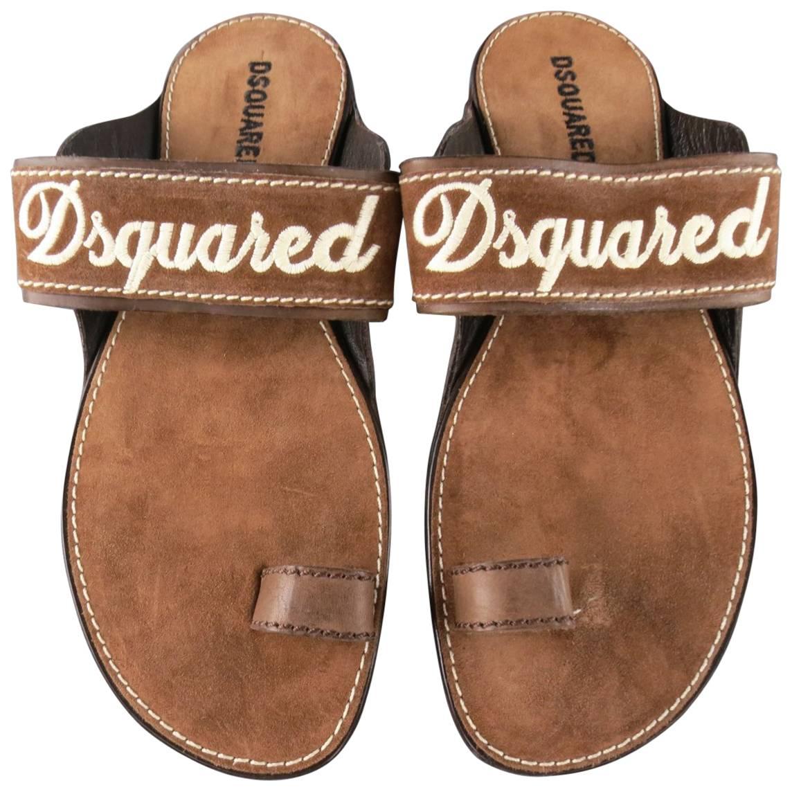 Men's DSQUARED2 Size 8 Brown Embroidered Logo Suede Sandals