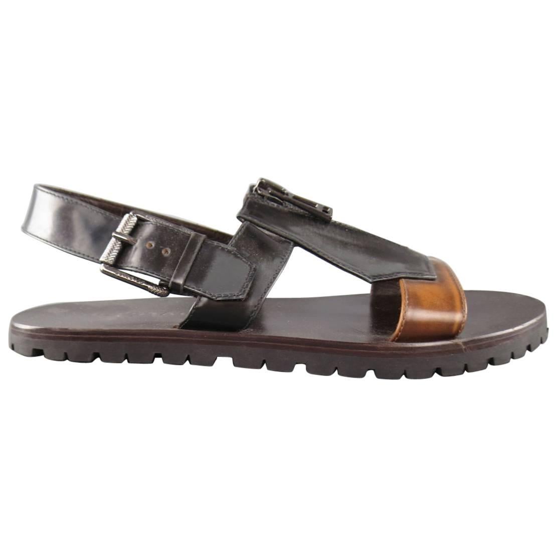 Men's BELSTAFF Size 9.5 Black & Brown Two Toned Patent Leather Zip Sandals