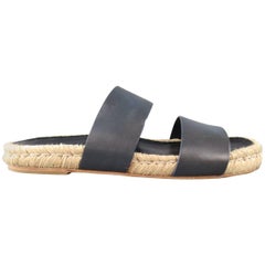 Men's BALENCIAGA Size 8 Navy Leather Strap Espadrille Sole Slide Sandals