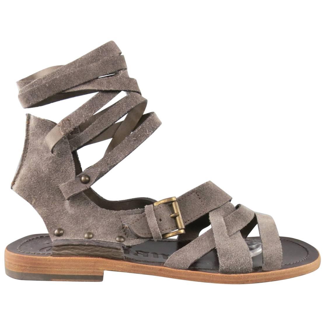 Men's JOHN GALLIANO Size 9 Grey Suede Gladiator Wrapped Ankle Strap Sandals