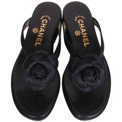 Retro 1998 Chanel Black Satin & Leather Sandals Shoes w/Satin Camellia NBW