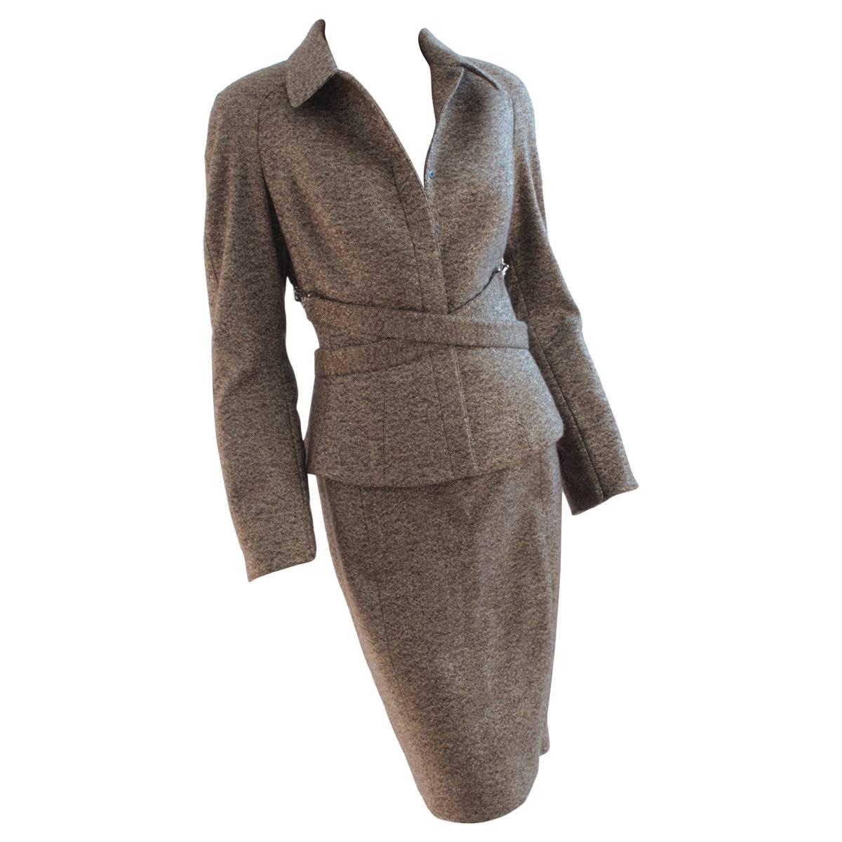 Thierry Mugler Cross Belted Jacket & Skirt Suit Wool Tweed Size 38 
