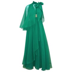 Glam 1970''s Lillie Rubin Smaragdgrünes Chiffon Göttin Kleid mit Wickel