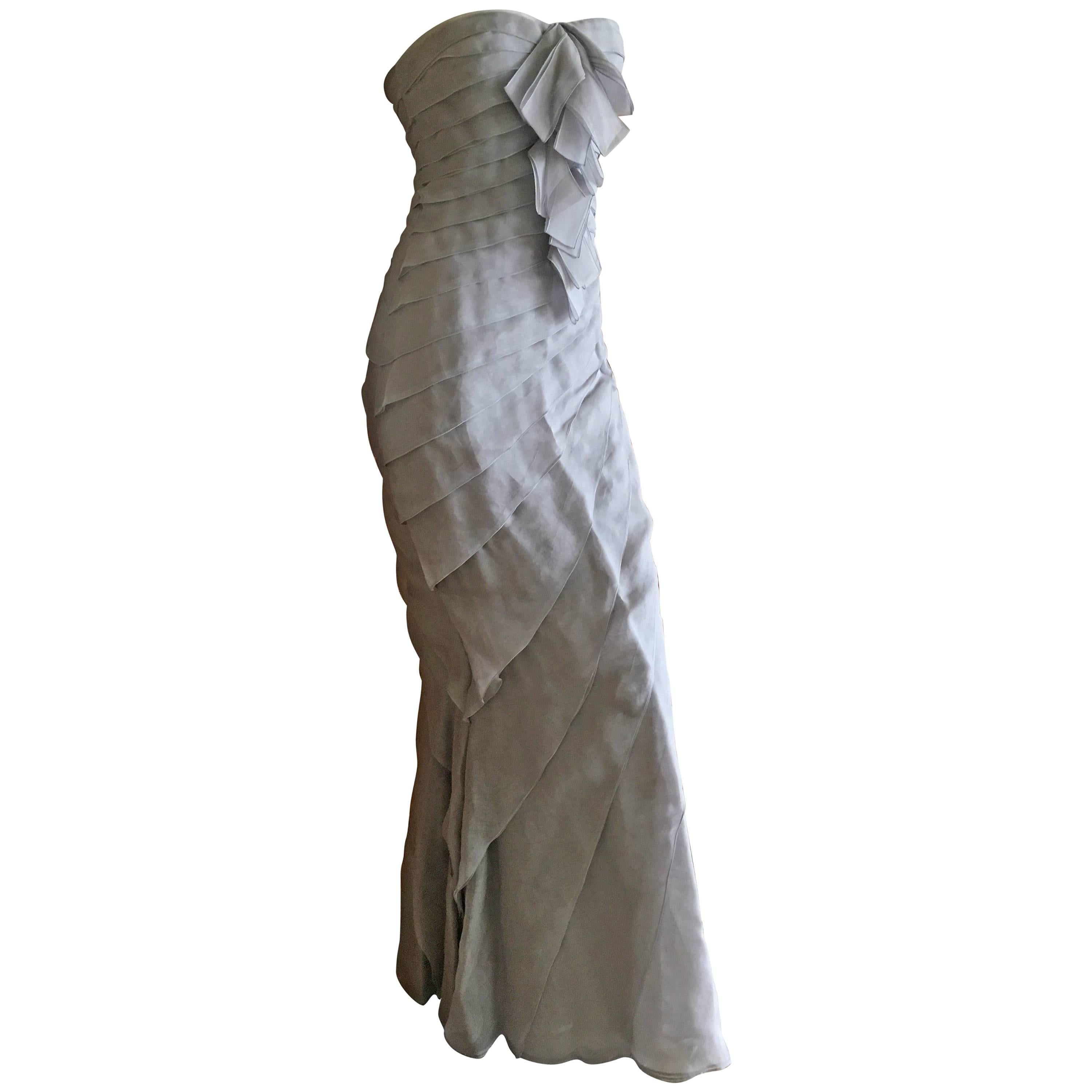  Dior by John Galliano Strapless Gray Silk Tiered Evening Dress w Inner Corset For Sale