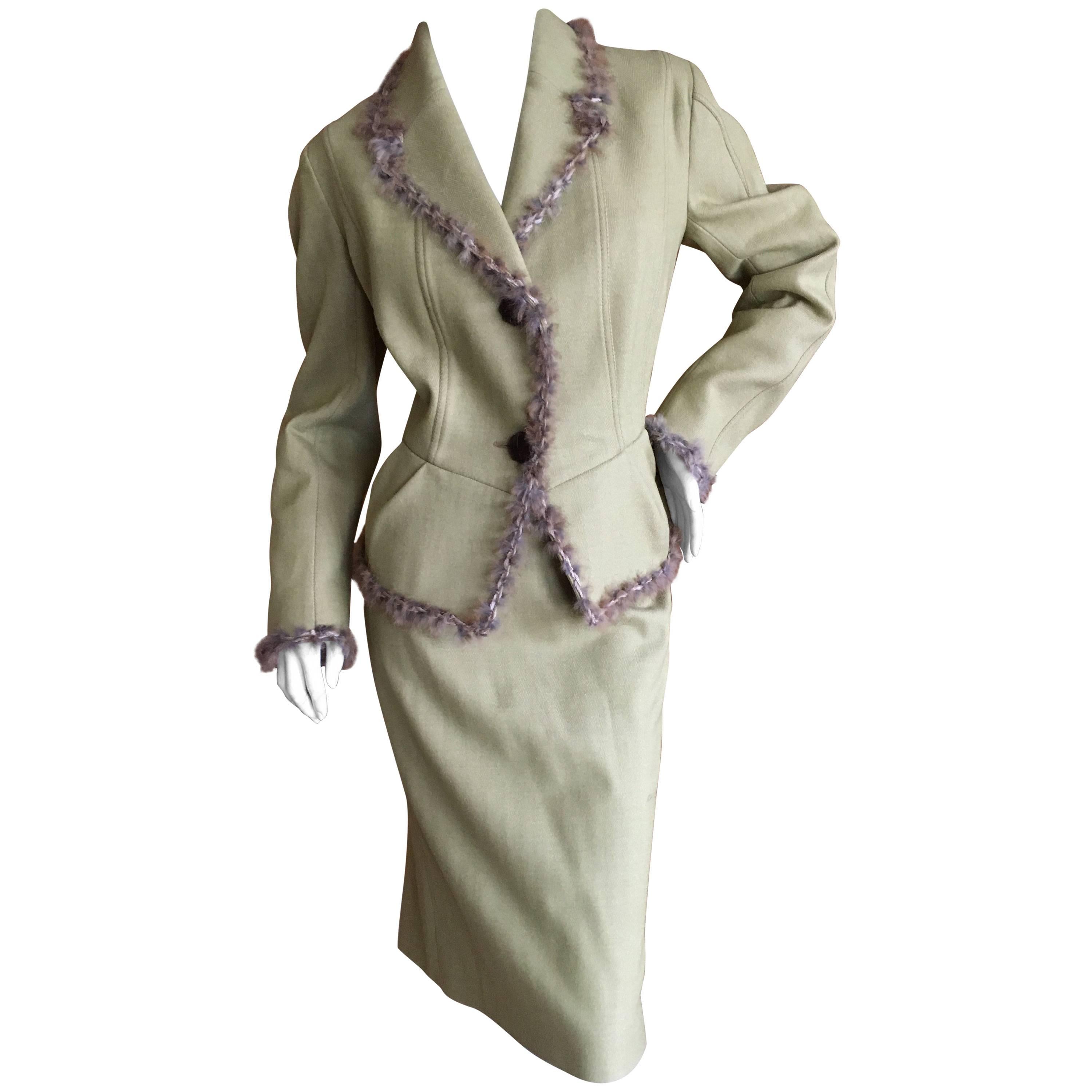 John Galliano Vintage 90's Fur Trim Light Green Skirt Suit Size 44 For Sale