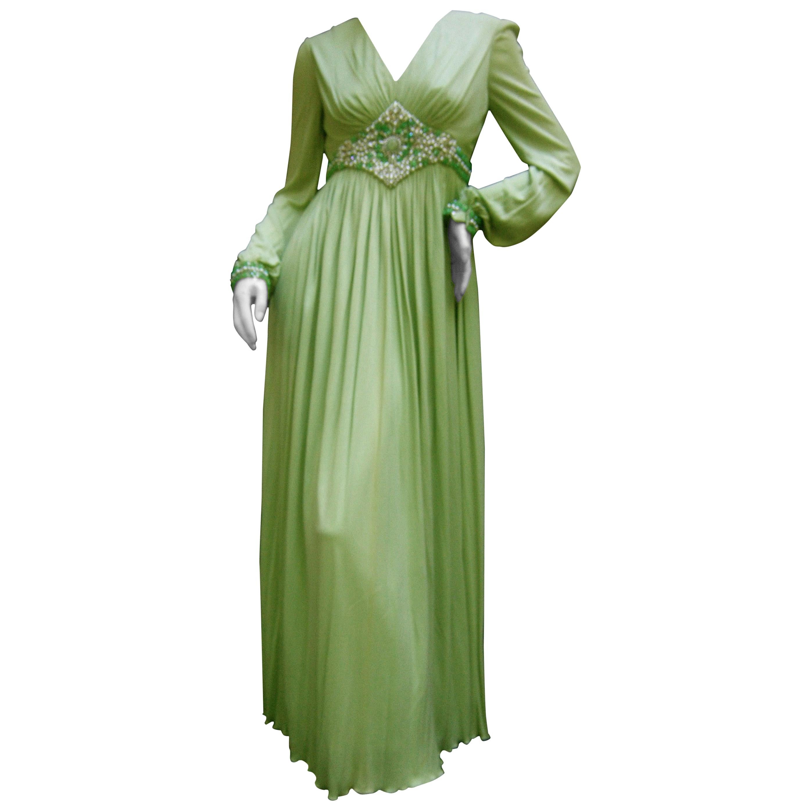 1970s Mint Green Matte Jersey Pleated Gown by Malcom Starr for Saks Fifth Avenue