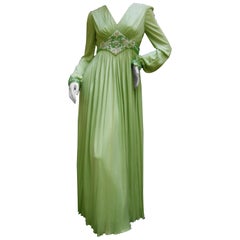 Vintage 1970s Mint Green Matte Jersey Pleated Gown by Malcom Starr for Saks Fifth Avenue