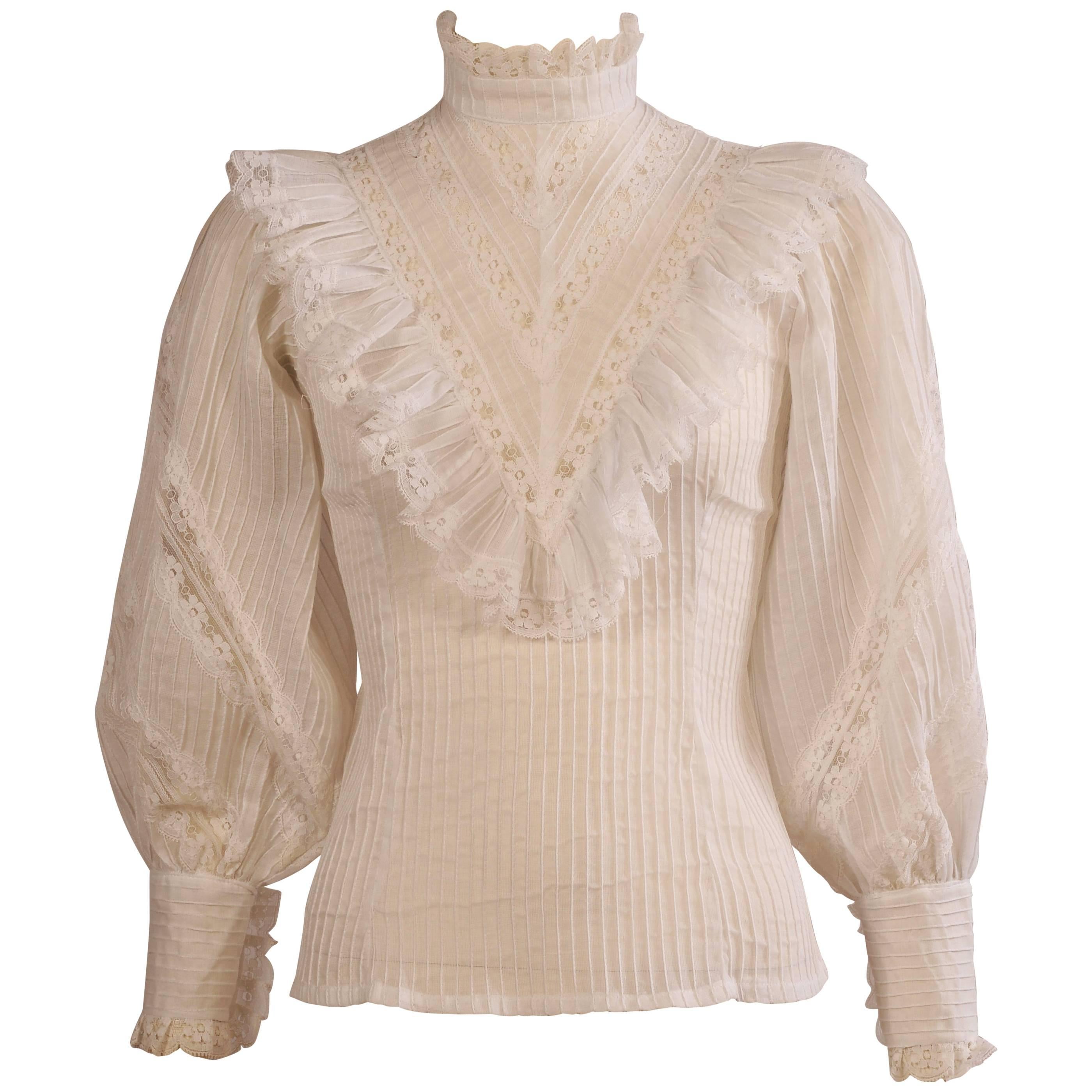 High Collar Victorian Style Cotton and Lace Blouse, 1970s 