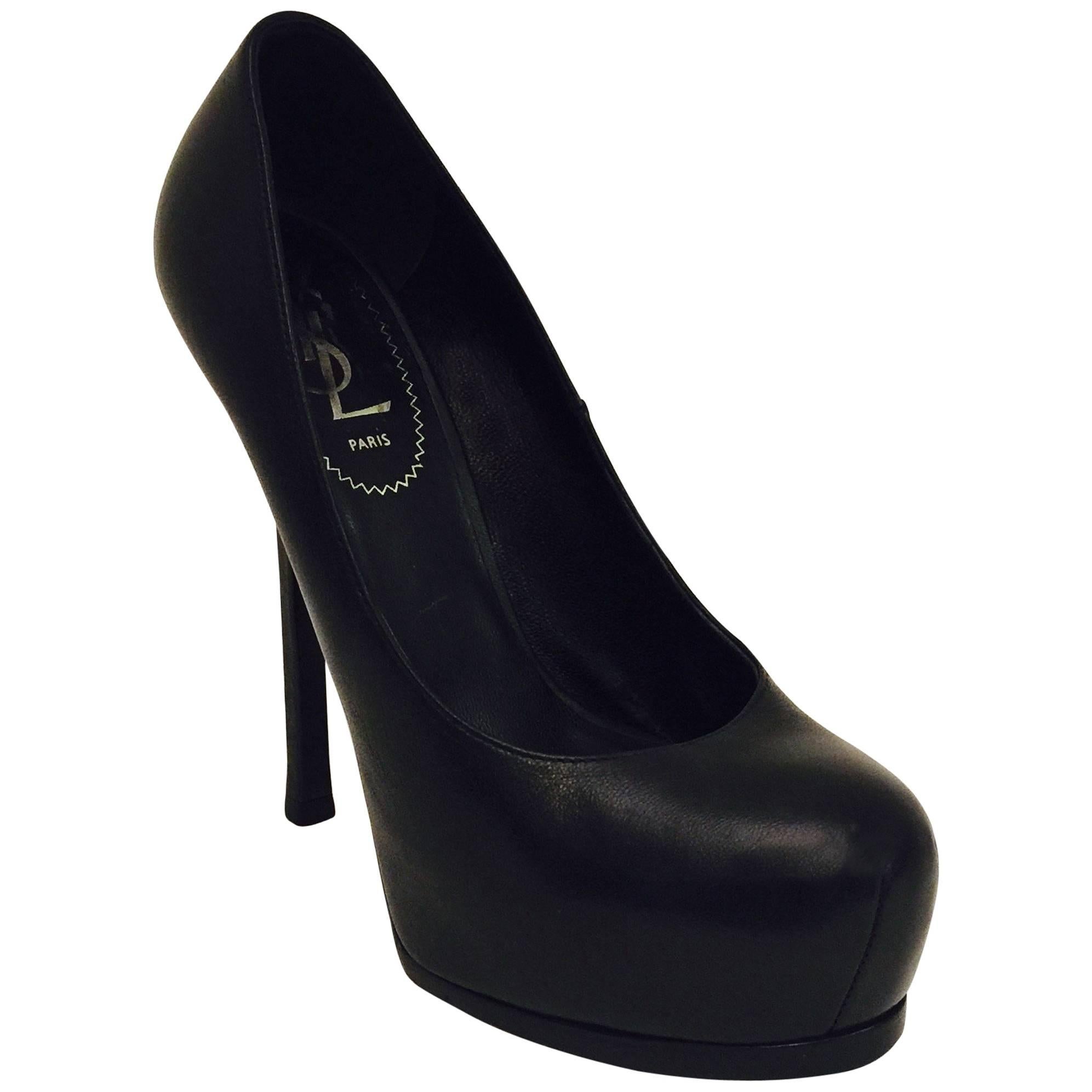 Yves Saint Laurent Black Leather High Heel Pumps With Covered Platforms For Sale