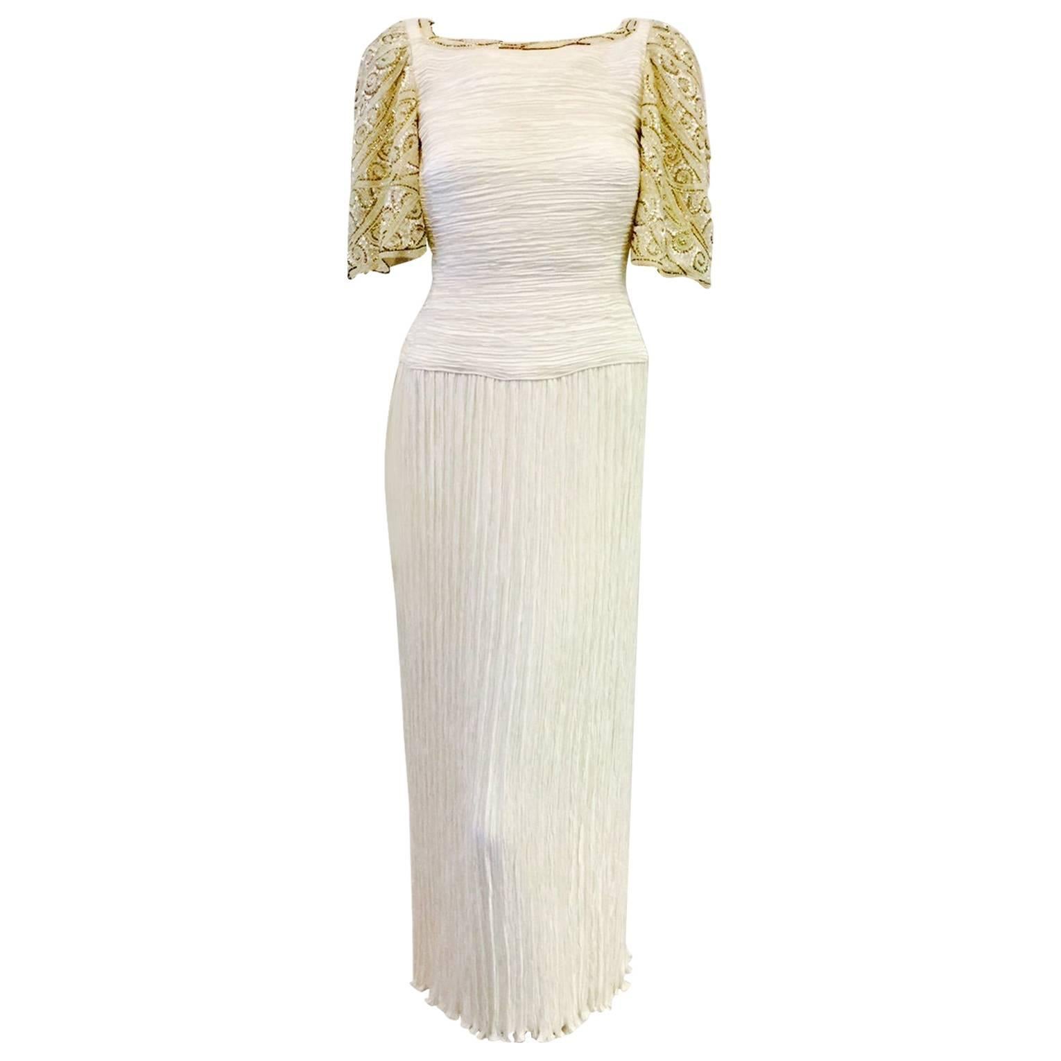 Magnificent Mary McFadden Ivory Gown W Embroidered Sleeves and Neckline For Sale