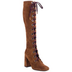 Prada Women's Brown Suede Lace Up Knee Boots