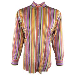 ETRO Size XXL Multi-Color Rainbow Stripe Spread Collar Cotton Long Sleeve Shirt