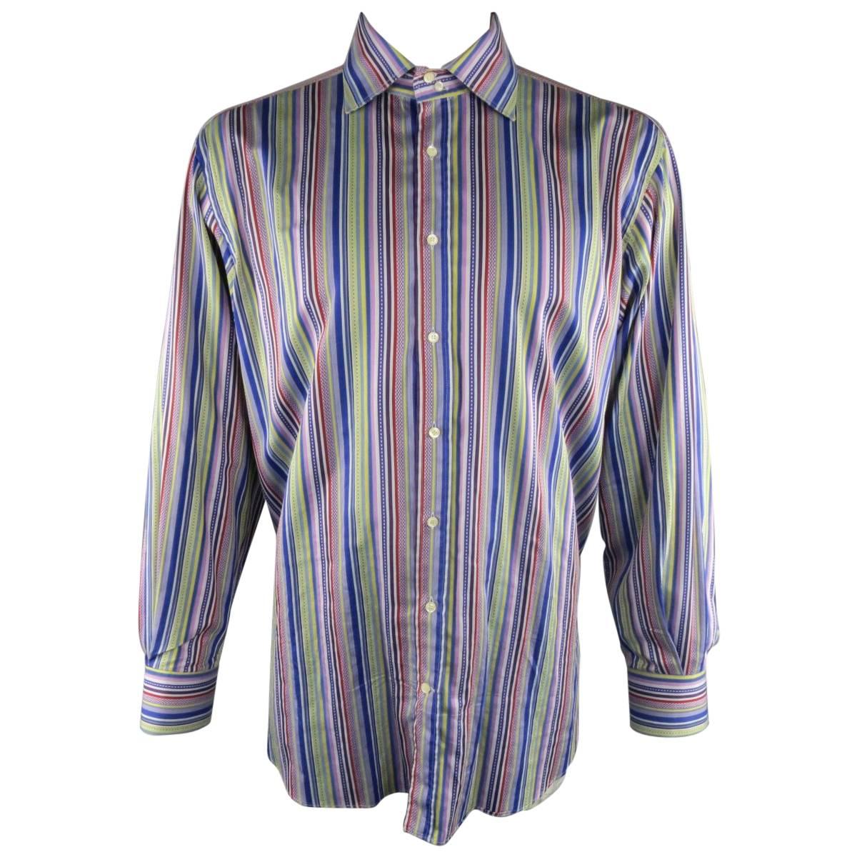 ETRO XXL Multi-Color Blue & Purple Stripe Spread Collar Cotton Long Sleeve Shirt