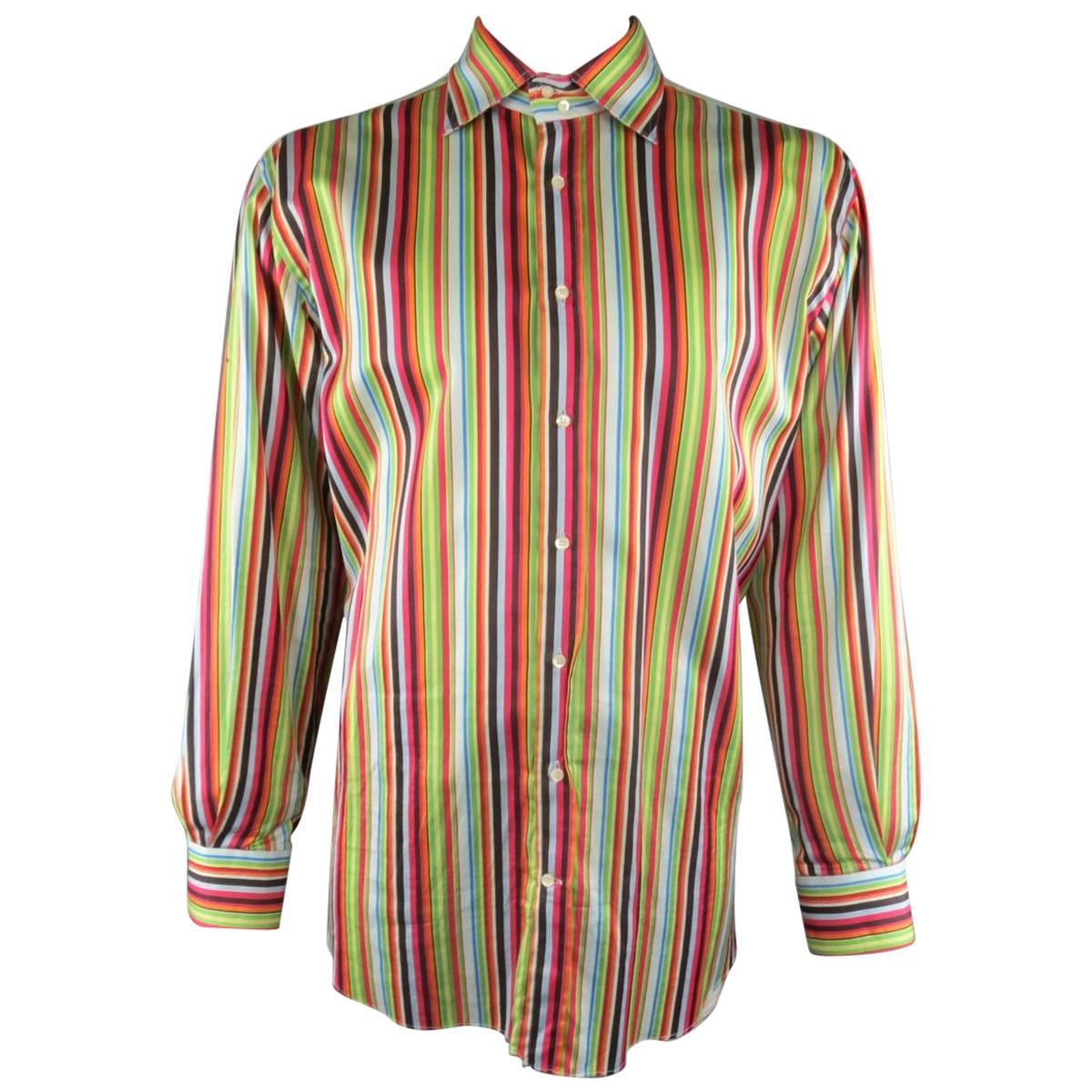 ETRO Size XXL Multi-Color Rainbow Stripe Cotton Spread Collar Long Sleeve Shirt