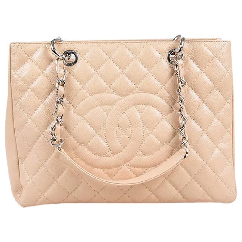Chanel Beige Caviar Leather Quilted 'CC' "Grand Shopping Tote" Bag For Sale