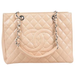 Chanel Beige Caviar Leather Quilted 'CC' "Grand Shopping Tote" Bag