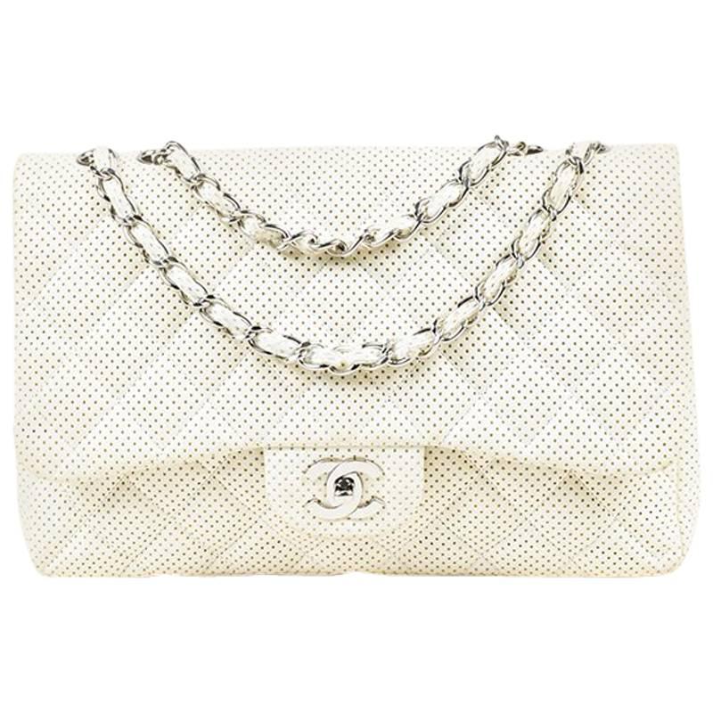 Chanel White Perforated Leather "Jumbo Classic Single Flap" Shoulder Bag For Sale