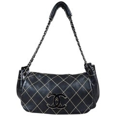 Chanel Black Lambskin Quilted Topstitched "Accordion" Flap Bag