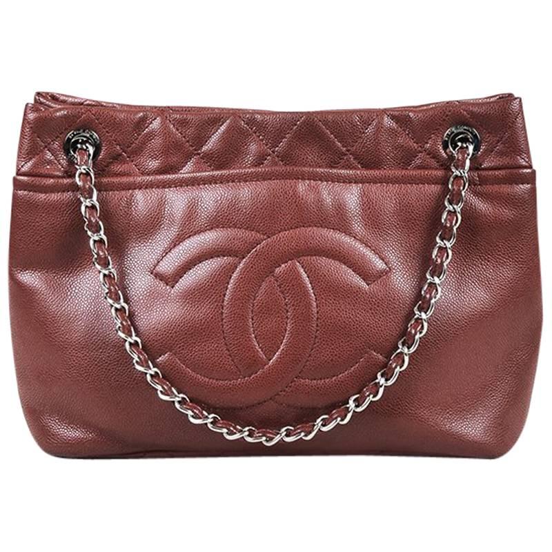 Chanel Dark Red Caviar Leather "Timeless CC Soft Shopping" Tote Bag For Sale