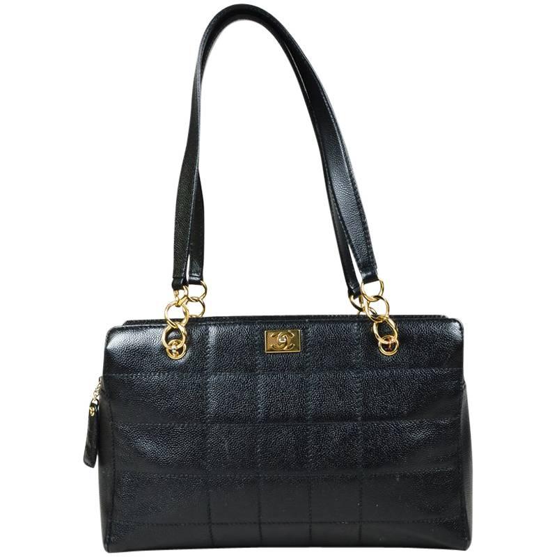 Chanel Black Caviar Leather Checkered Quilted 'CC' Plaque Shoulder Bag For Sale