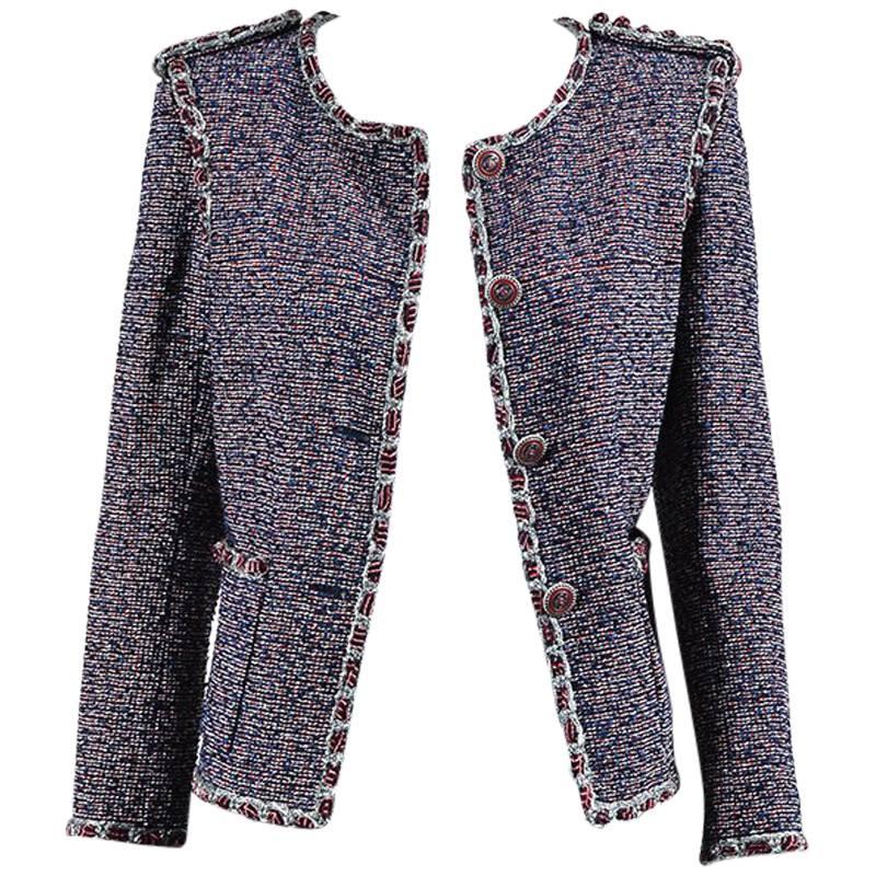 Chanel Spring 2016 Blue Red & White Cotton Tweed 'CC' Button Jacket SZ 36 For Sale