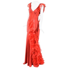 Zac Posen Red Silk Chiffon Tiered Ruffle Draped Sleeveless Gown Dress SZ 6