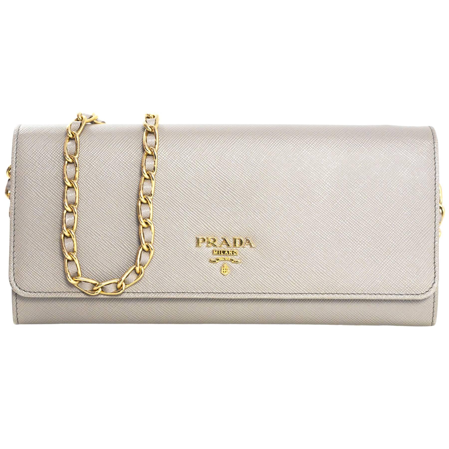 Prada Black Saffiano Metal Oro Chain Wallet Crossbody