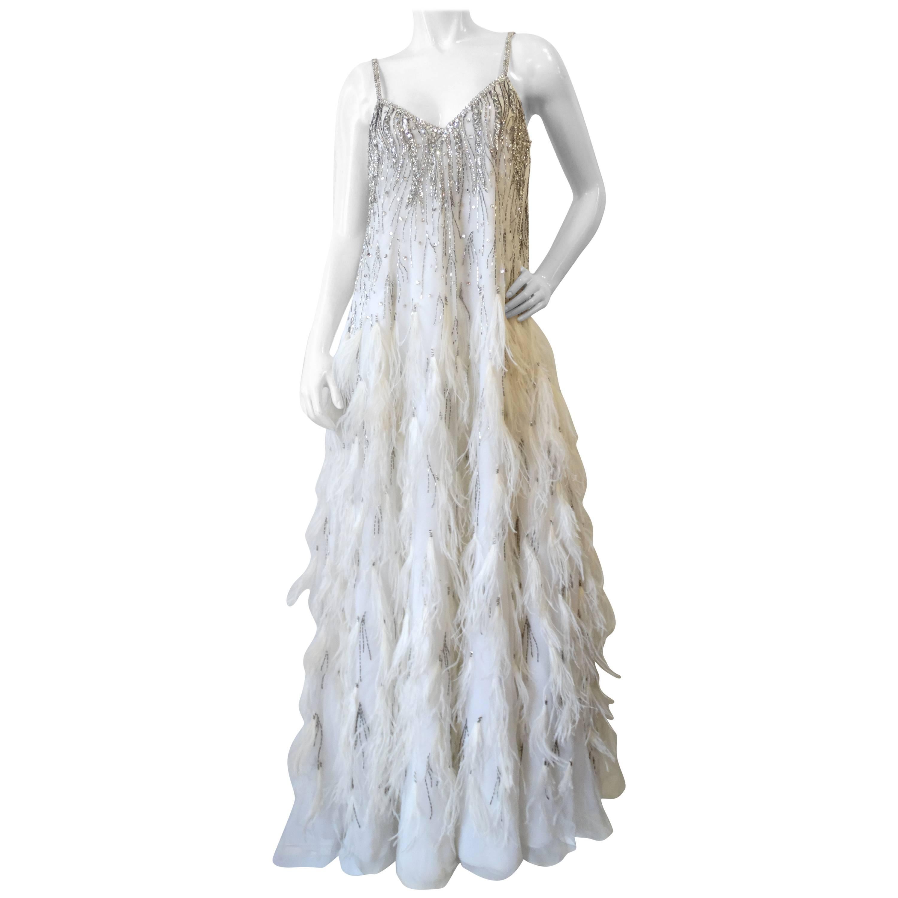 1980s Rubin Panis Ostriched Feathered Gown 