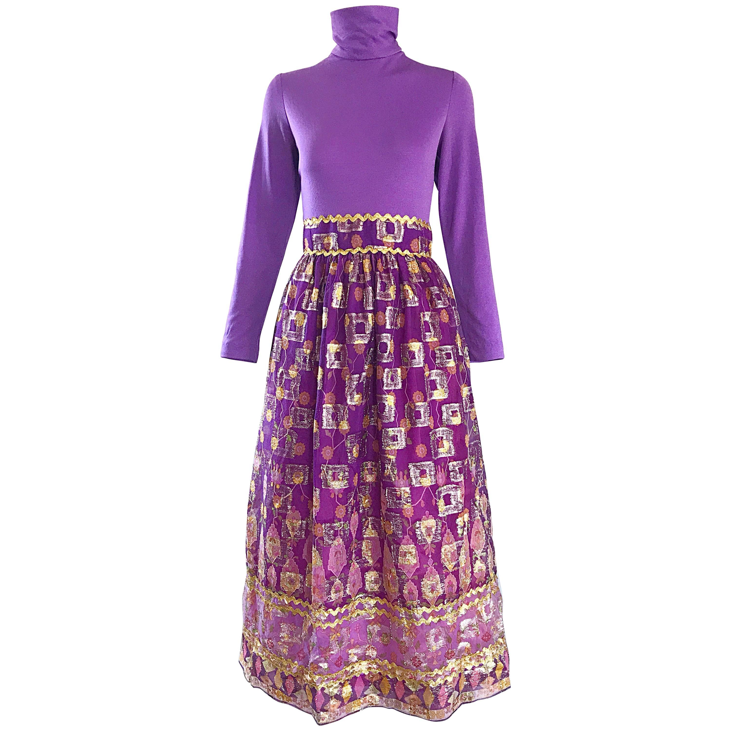 Beautiful 1970s Purple Lavender Ethnic Batik Print High Neck Vintage Midi Dress