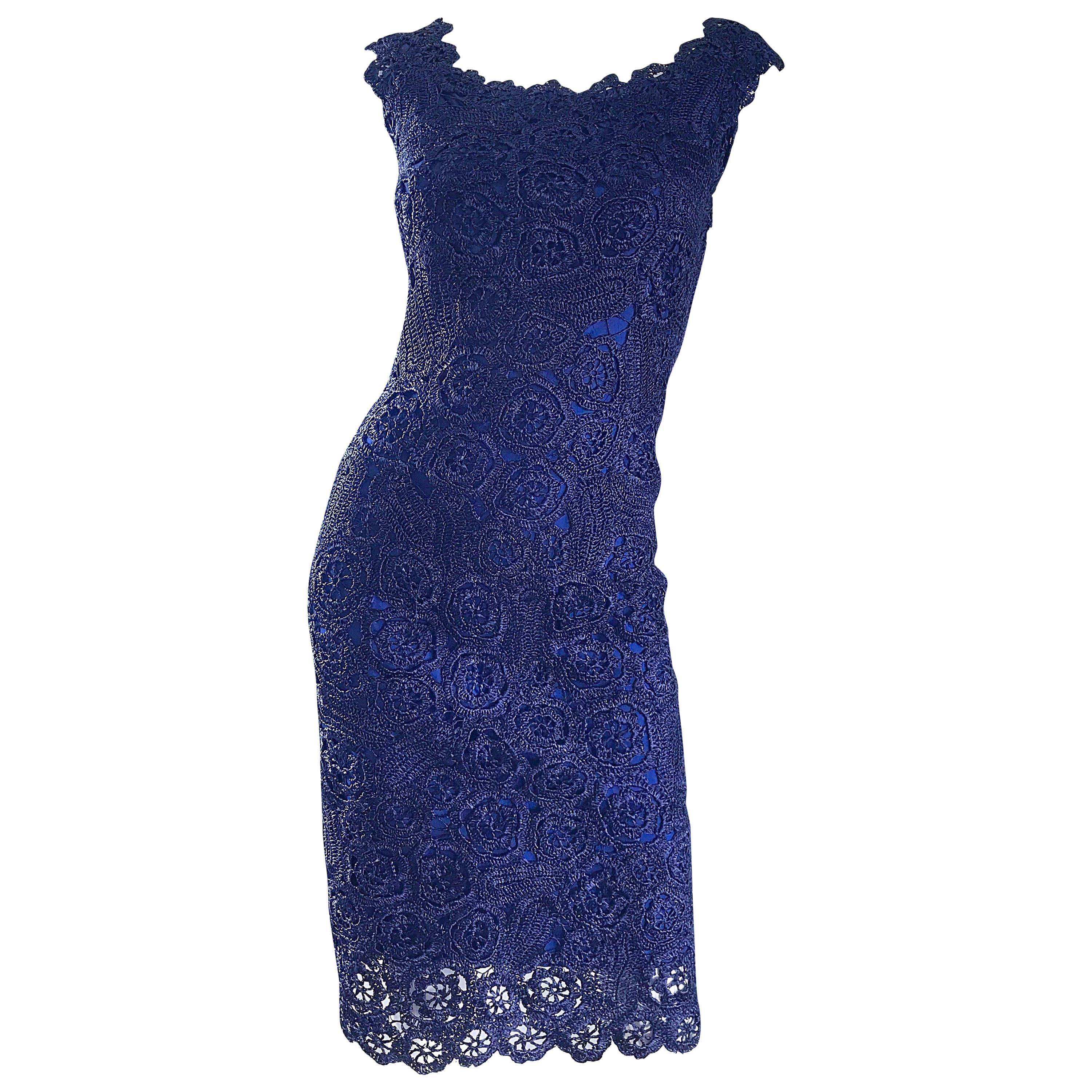 Gorgeous 1950s Demi Couture Navy Blue Raffia Cut - Out Vintage 50s Dress For Sale