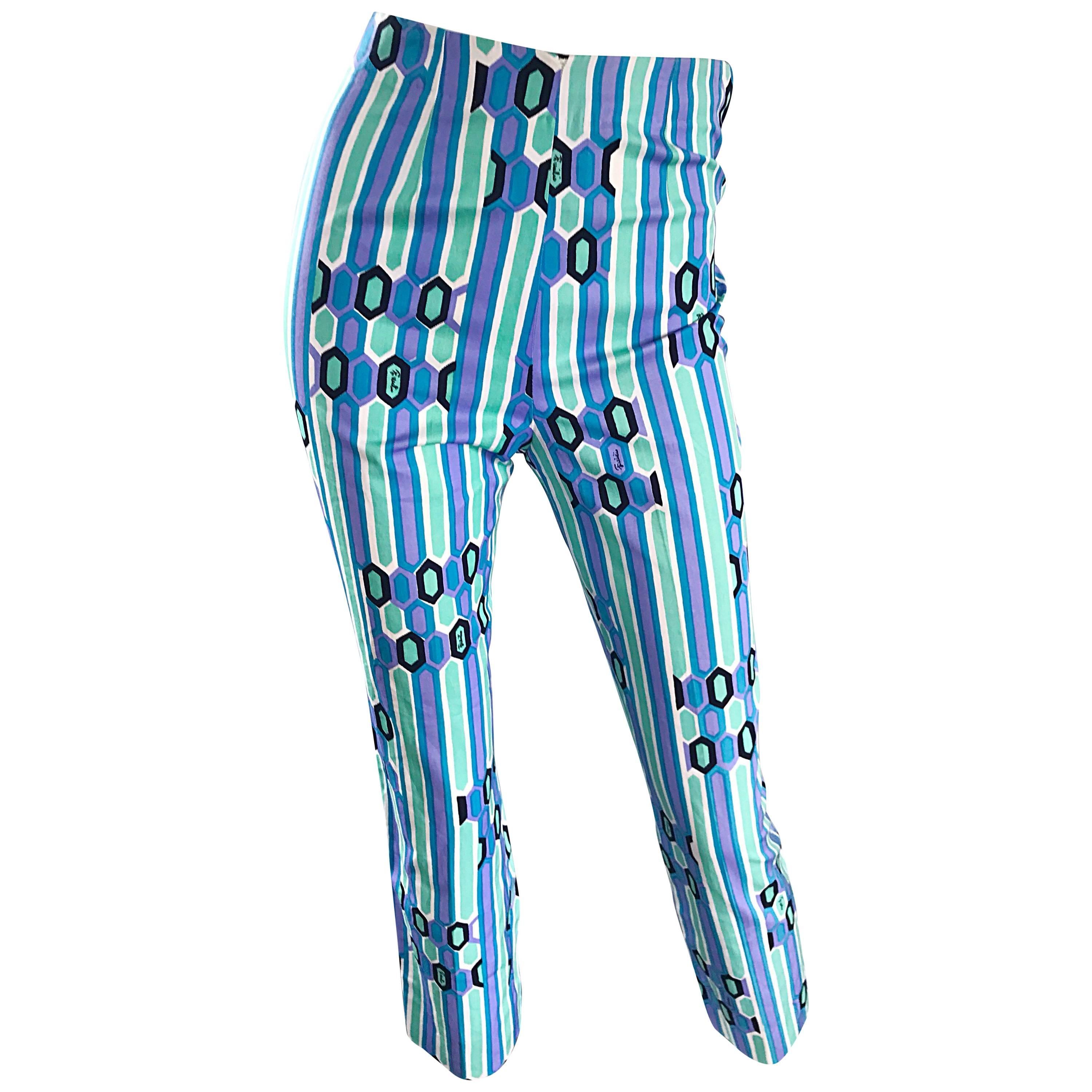 1960s Emilio Pucci Blue Kaleidoscope Print High Waist Vintage 60s Capri Pants For Sale