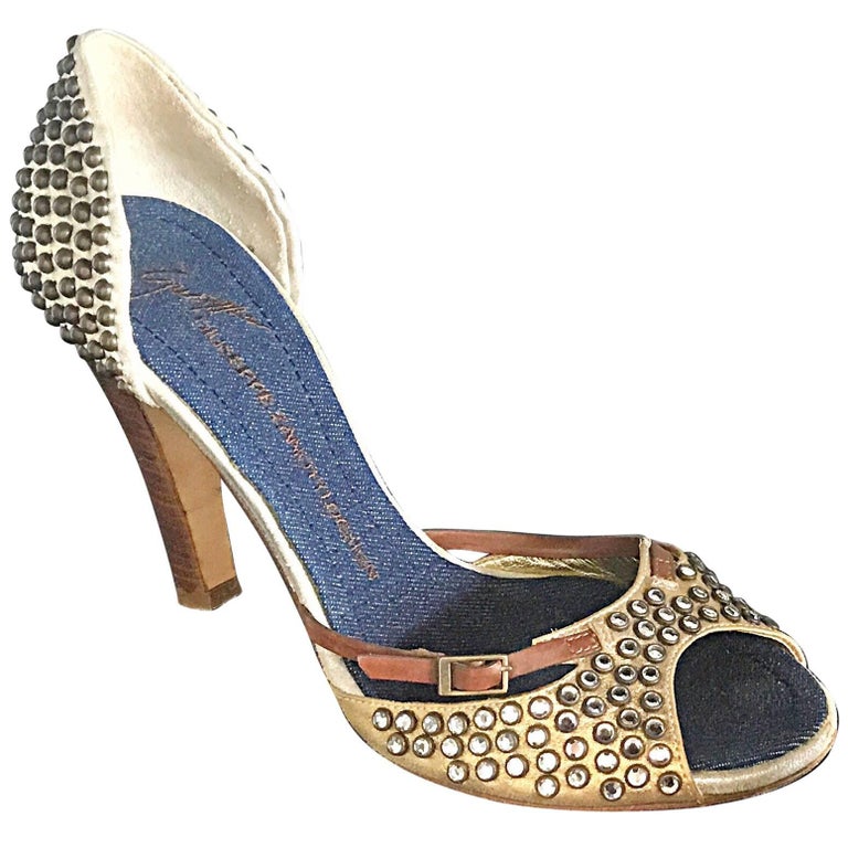 Giuseppe Zanotti Size 39 / 9 Gold Bronze and Brown Rhinestone Studded High Heels For Sale at 1stDibs | studded heels, rhinestone studded pumps, size 9 gold heels