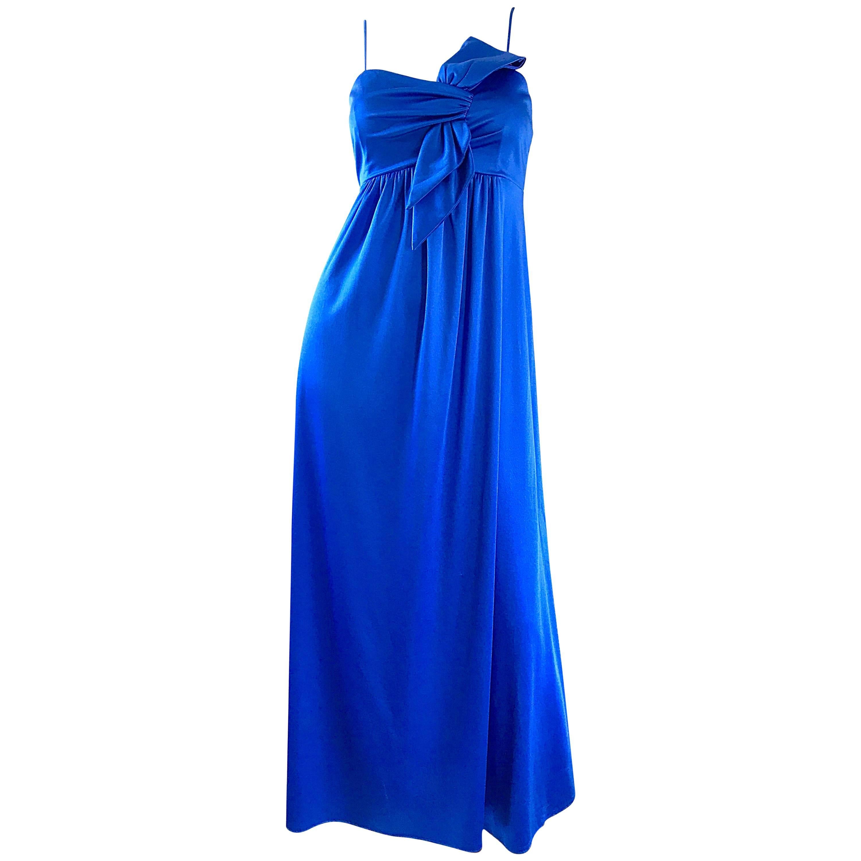 Stunning 1970s Royal Blue Slinky Jersey Sleeveless Vintage 70s Gown Maxi Dress