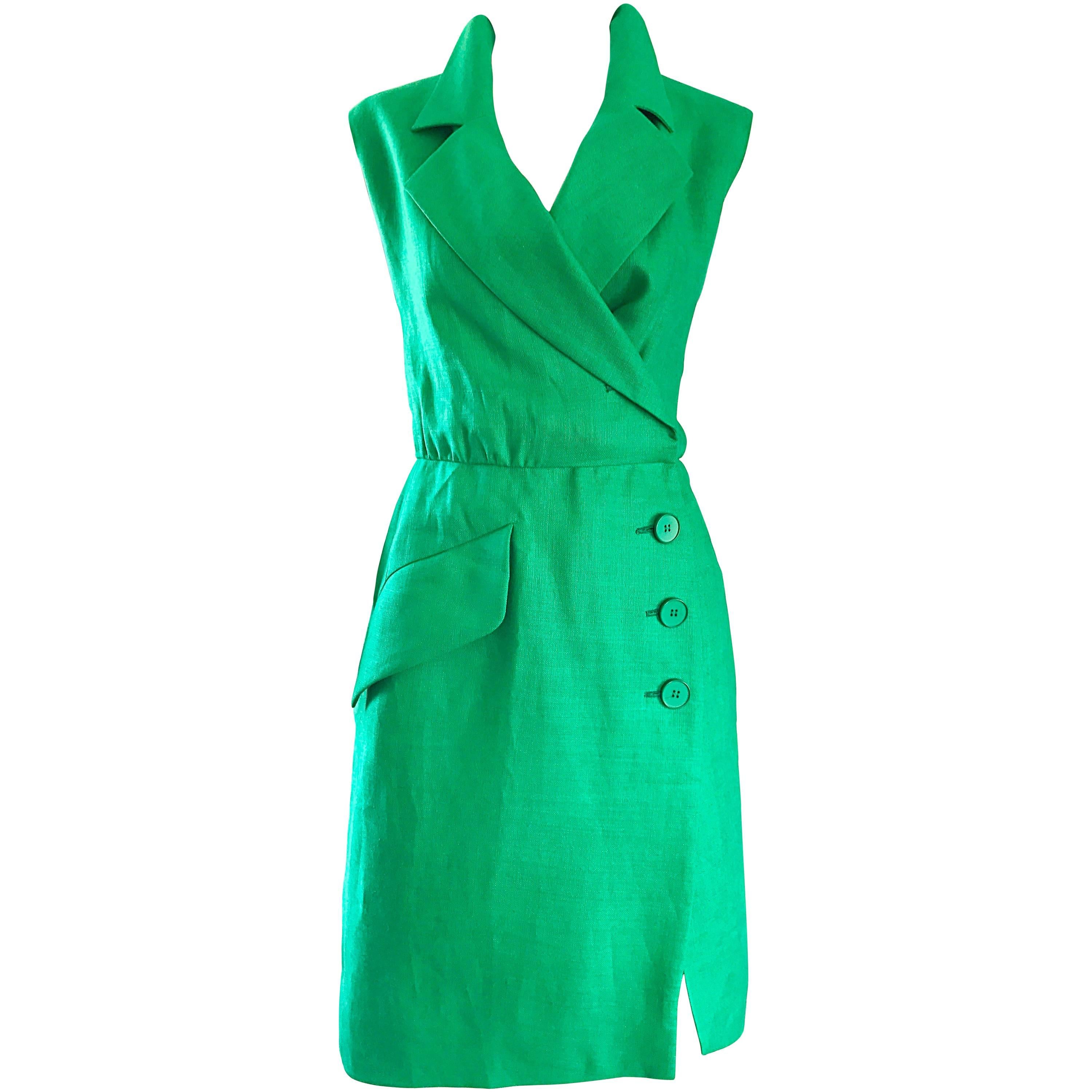 Vintage Yves Saint Laurent Kelly Green 1990s Linen Sleeveless Linen Shirt Dress